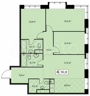 4-к квартира, 93 м², 12/14 эт.