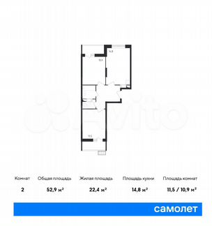 2-к квартира, 52.9 м², 8/12 эт.