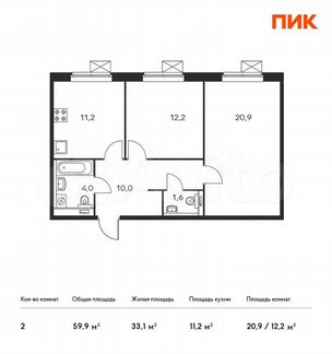 2-к квартира, 59.9 м², 14/16 эт.