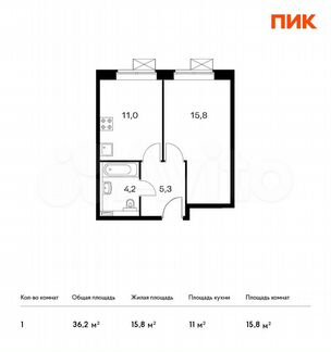 1-к апартаменты, 36.2 м², 7/15 эт.