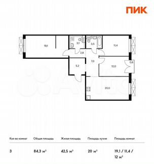 3-к квартира, 84.3 м², 4/9 эт.