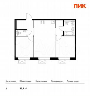 2-к квартира, 55.9 м², 2/19 эт.